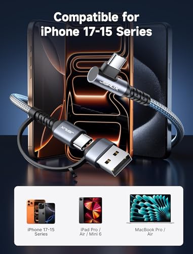 JSAUX 3-in-1 USB C Cable 2-Pack 10FT, 100W Right-Angle Fast Charging, Grey - color: Grey, size: 10FT