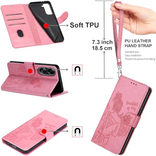 Wallet Case for Samsung Galaxy A54 5G, Pink Girl | Women Flip Folio Cover, Embossed PU Leather, Stand, Credit Card Holders Slots, Wrist Strap - color: 9