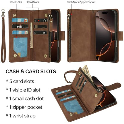 RANYOK Compatible iPhone 16 Pro Max Wallet Case - PU Leather Wallet Case with Credit Card Holder RFID Blocking Zipper Pocket [Wrist Strap] Protective Case (Brown) - color: Brown, size: iPhone 16 Pro Max, 6.9"
