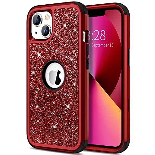 Hython Case for iPhone 13 Case Glitter, Cute Sparkly Shiny Bling Sparkle Cover, Heavy Duty 3 in 1 Hybrid Hard PC Soft TPU Bumper Full Body Shockproof Protective Phone Cases for Women Girls, Red - color: Red