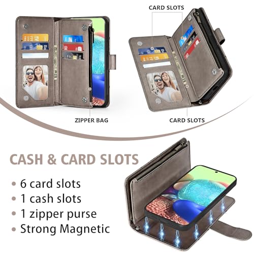 Asuwish Phone Case for Samsung Galaxy A71 5G Zipper Wallet Magnetic Detachable Cell Cover with Tempered Glass Screen Protector Crossbody Strap Flower Card Holder Slot A 71 G5 71A S71 Women Girls Gray - color: Gray