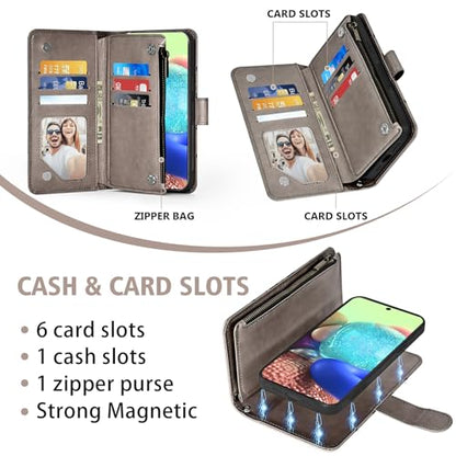 Asuwish Phone Case for Samsung Galaxy A71 5G Zipper Wallet Magnetic Detachable Cell Cover with Tempered Glass Screen Protector Crossbody Strap Flower Card Holder Slot A 71 G5 71A S71 Women Girls Gray - color: Gray