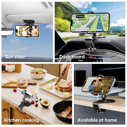 Dashboard Car Phone Holder, Universal 360° Rotation Dash Phone Mount for Car, Multifunctional Dashboard Clip Phone Bracket, Hands-Free Cell Phone Holder Stand Compatible with iPhone & Android (Black)