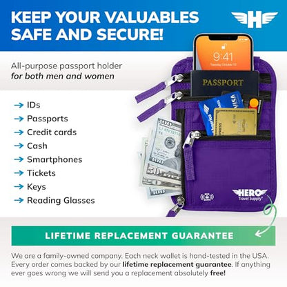 HERO Neck Wallet - RFID Blocking Passport Holder, Easy to Conceal Travel Pouch (Purple) - color: Purple