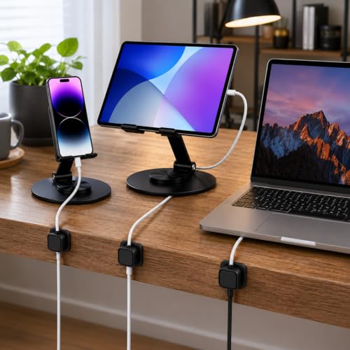Phone & Tablet Stand for Desk (2 peice) with 6 Magnetic Cable Organizer Clips, 360 Rotating Adjustable Height Stand, Compatible with iPhone, iPad, All Smartphones Tablets, Desk Organization Bundle.