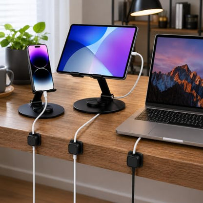 Phone & Tablet Stand for Desk (2 peice) with 6 Magnetic Cable Organizer Clips, 360 Rotating Adjustable Height Stand, Compatible with iPhone, iPad, All Smartphones Tablets, Desk Organization Bundle.