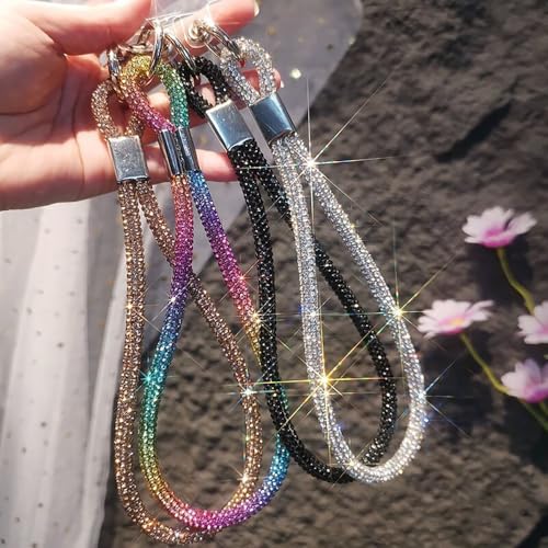 RUIYDZ 4pcs Luxury Diamond Phone Wrist Strap, Cell Phone Lanyards for Women, Short Phone Lanyard with Phone Tether Tab, Glitter Phone Strap Wrist Lanyard, Multicolor, Gold, Silver, Black