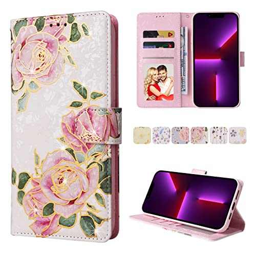 UEEBAI Wallet Case for Samsung Galaxy S22 Ultra 5G, PU Leather Kickstand RFID Blocking Flip With Card Slots, Wrist Strap, Relief Engraved Pattern, Magnetic Closure - White Rose Flower Folio - color: White Rose, size: Samsung Galaxy S22 Ultra 5G