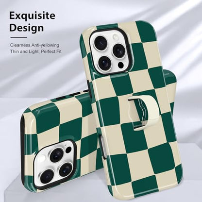 KANGHAR Compatible with iPhone 16 Pro Max Case Checkered -Green White | Silicone Cute Pattern, Finger Hold Wristband Kickstand Camera Protection Soft Slim Phone Case for Girls Women - color: (Checkered)Green White, size: iPhone 16 Pro Max