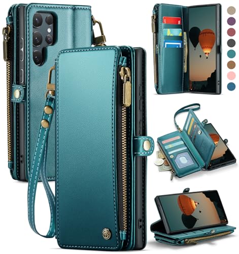 Defencase for Samsung Galaxy S25 Ultra Wallet Case with Card Holder, Green | with RFID Blocking Zipper Pocket, Durable PU Leather, Wrist Strap, S25 Ultra Flip Phone Cases Cover with Stand for Women Men - color: Blue Green