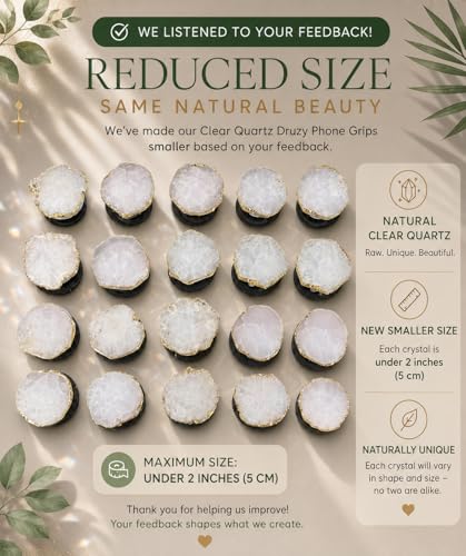 Grips by CRYSTALFY Crystal Phone Grip Holder & Expanding Kickstand-Natural Gemstone Swappable Top Accessory Compatible with iPhone, iPad, Kindle & Mobile Devices (White Clear Quartz Druzy, Adhesive) - color: White Clear Quartz Druzy, style: Adhesive