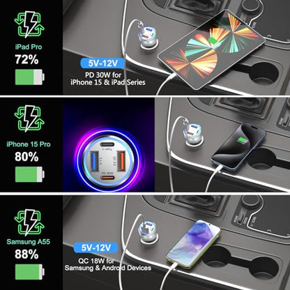 USB C Car Charger, 4 Port 65W Super Fast Charging Cigarette Lighter Adapter - color: Silver, size: 1-Pack