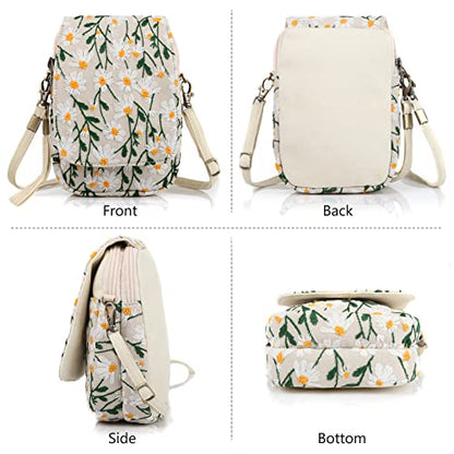 SILKAREA Embroidered Cute Mini Crossbody Bag for Women Small Handbags Wristlet Wallet Bag Cell-phone Pouch Coin Purse - color: Chamomile Beige