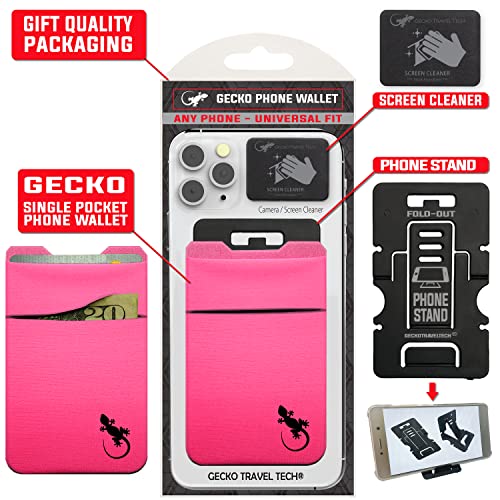 Gecko Travel Tech Double Pocket - Adhesive Card Holder - Cell Phone Pouch - Stick on Spandex Pocket - Carry Credit Cards and Cash (PINK BLACK) - color: PINK BLACK