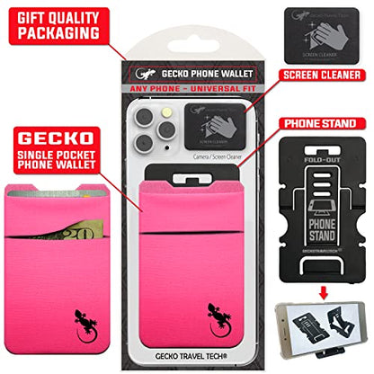 Gecko Travel Tech Double Pocket - Adhesive Card Holder - Cell Phone Pouch - Stick on Spandex Pocket - Carry Credit Cards and Cash (PINK BLACK) - color: PINK BLACK