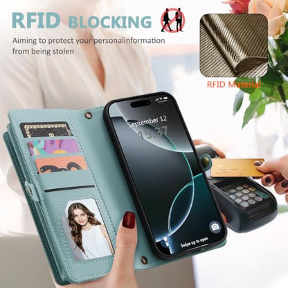 for iPhone 15 Wallet Case, Detachable Magnetic Shockproof Phone Case,Faux Leather Crossbody Wallet,with RFID Blocking，Zipper Card Holder，Shoulder Strap (Blue) - color: Blue, size: iPhone 15