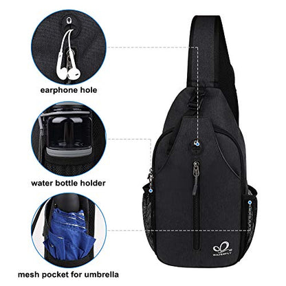 WATERFLY Crossbody Sling Backpack Sling Bag Travel Hiking Chest Bag Daypack (Black) | Small Hiking bag,Multi-compartment storage,Water-resistant,Breathable back pad,Reversible adjustable shoulder strap - color: Black