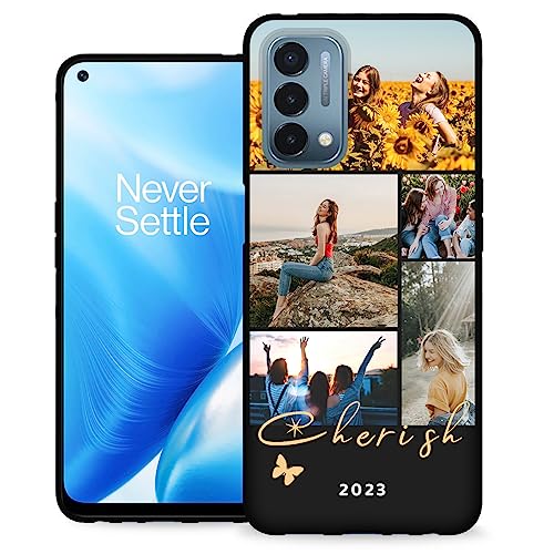 Create Your Own Unique Personalized Picture Phone Case for OnePlus Nord N200 5G - Customizable Photos Image Name Logo with Letter & Words N 200 5 G Phone Cover, Soft Slim Resist Sweat - color: Black 10 - Cherish, 5 Photos Text