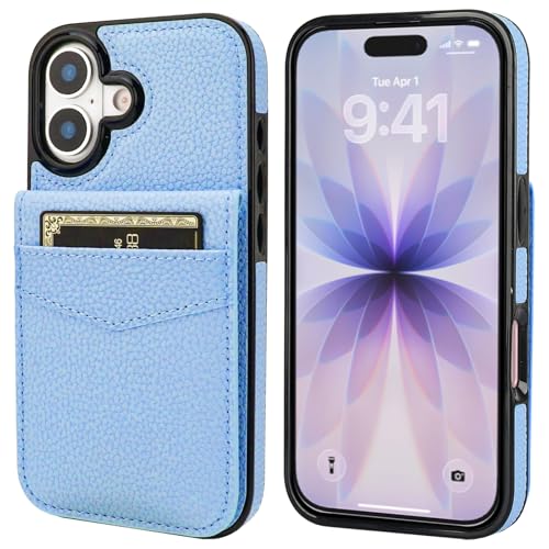 KIHUWEY for iPhone 17 Wallet Case Card Holder Kickstand, Lichee Light Blue | Credit Card Slots, PU Leather, Magnetic Clasp, Flip Heavy Duty Protection Cover for Men and Women - color: Lichee Light Blue