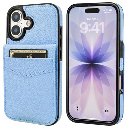 KIHUWEY for iPhone 17 Wallet Case Card Holder Kickstand, Lichee Light Blue | Credit Card Slots, PU Leather, Magnetic Clasp, Flip Heavy Duty Protection Cover for Men and Women - color: Lichee Light Blue