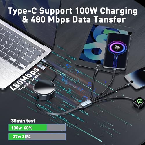 Retractable Travel Multi Charging Cable for Apple Watch Charger, 100W 4 in 2 Retractable Car Charger with Apple Watch, USB-C, Lightning & Micro USB, Multi Charging Cord for iWatch Series/iPhone/iPad
