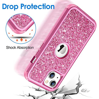 Hython Case for iPhone 13 Case Glitter, Cute Sparkly Shiny Bling Sparkle Cover, Heavy Duty 3 in 1 Hybrid Hard PC Soft TPU Bumper Full Body Shockproof Protective Phone Cases for Women Girls, Rose Red - color: Rose Red