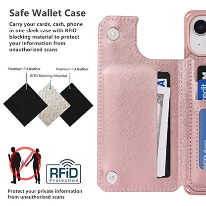 iCoverCase Compatible with iPhone 14 Wallet Phone Case with Card Holder for Women, RFID Blocking Embossed PU Leather Wrist Strap Case 6.1 Inch (Heart Rose Gold) - color: H-Rose Gold