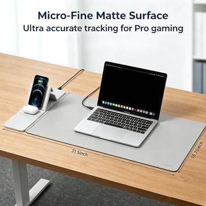 15W Wireless Charging Mouse Pad 31.5"x15.75", Double-Sided Faux Leather - color: Folding-Gray