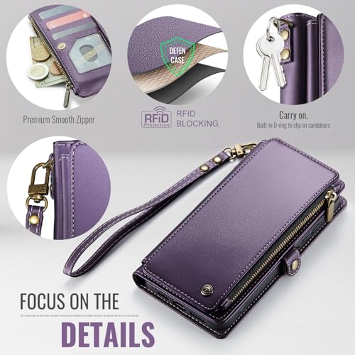 Defencase for Samsung Galaxy A15 5G Wallet Case with Card Holder, Purple | Durable Soft PU Leather, with RFID Blocking Zipper Pocket & Wrist Strap, Flip Phone Cases Cover with Stand for Women and Men - color: Aesthetic Purple