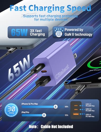 85W Dynamic Power GaN USB-C Fast Charger, 2C1A 3-Port, Max 65W, 2 Pack - color: Purple, size: 2Pack