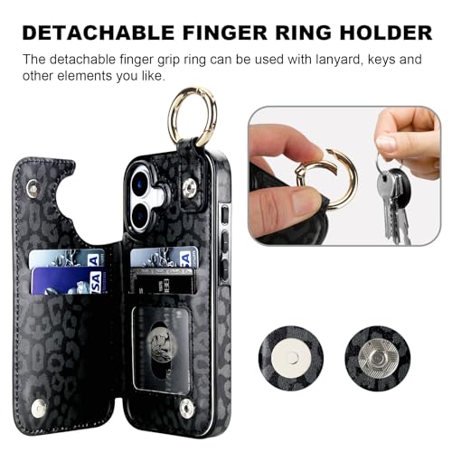 HAOPINSH Wallet Case for iPhone 17 with Card Holder, Black Leopard Cheetah Print Back Flip Folio PU Leather Kickstand Card Slots Case, Finger Grip Ring Double Magnetic Clasp Shockproof 6.3" - color: Black Leopard Grip Ring
