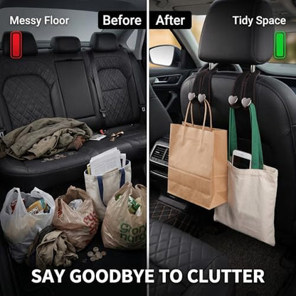 2 PCS Car Seat Headrest Hook, Suede Heart Shape Metal Double Hook, Foldable Car Purse Hook with Phone Holder, Universal for Most Cars, Trucks, SUVs (Black) 中文：