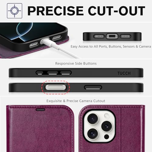 TUCCH Wallet Case for iPhone 16 Pro Max (6.9"), 4 Card Slots, Plum Purple | RFID Blocking, Viewing Stand, Shockproof TPU Shell, PU Leather, Magnetic Closure, Protective Folio Flip Cover - color: Plum Purple