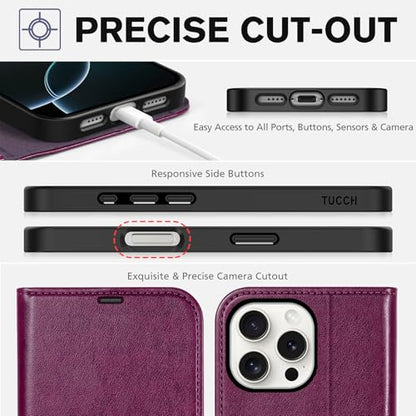 TUCCH Wallet Case for iPhone 16 Pro Max (6.9"), 4 Card Slots, Plum Purple | RFID Blocking, Viewing Stand, Shockproof TPU Shell, PU Leather, Magnetic Closure, Protective Folio Flip Cover - color: Plum Purple