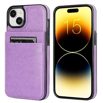 KIHUWEY for iPhone 15 Plus Wallet Case Card Holder Kickstand, Purple | Credit Card Slots, PU Leather, Magnetic Clasp, Flip Heavy Duty Protection Cover for Men and Women - color: Purple