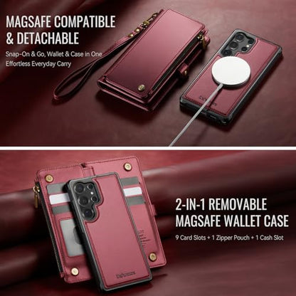 Defencase for Galaxy S24 Ultra Case Wallet Compatible with Magsafe, WineRed | Magnetic Detachable, RFID Bolcking Card Holder, Zipper Strap, PU Leather Drop-Proof Phone Cover for Samsung Galaxy S24 Ultra - color: (Detachable with Magsafe)-Wine Red