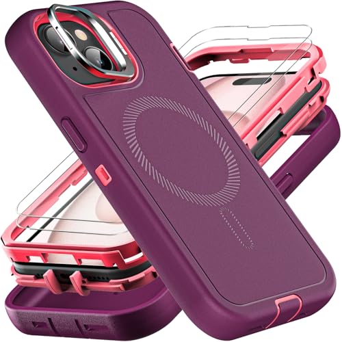 YKHJKLEC for iPhone 15 Case, Military Grade 3 in 1 Heavy Duty Shockproof/Drop Proof/Dust Proof with Kickstand Case, with 2 x Tempered Glass Screen Protector (ZJ-Purple/Pink) - color: ZJ-Purple/Pink