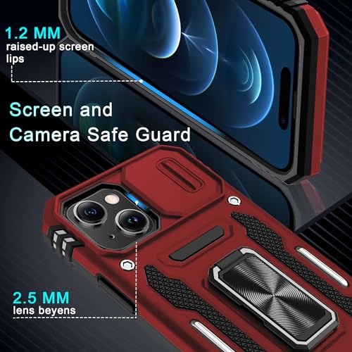 DEERLAMN Case for iPhone 15 with Slide Camera Cover + Screen Protector (2 Packs), Rotated Ring Kickstand Military Grade Shockproof Protective Cover-Red - color: Red