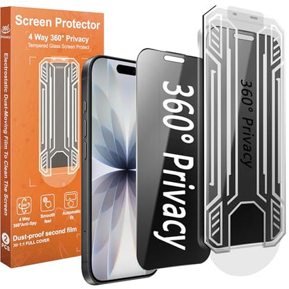 360° 4 Way Privacy Screen Protector for iPhone 17 / iPhone 16 Pro [2 Pack], Anti-Spy Tempered Glass, 9H Hardness Shatterproof, 3D Curved Edges, Case-Friendly, Bubble-Free Easy Installation - size: for iPhone 17 / iPhone 16 Pro