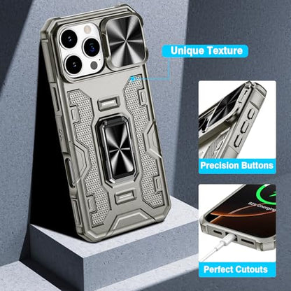 VEGO for iPhone 16 Pro Max Case with Belt Clip Holster and Kickstand | Slide Camera Lens Protector & Ring Kickstand Military Grade Heavy Duty Protection Cover for iPhone 16 ProMax - Titanium - color: Titanium