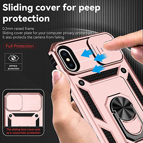 for iPhone XS Max Case with Camera Lens Cover HD Screen Protector, Dual Layer Military Grade Drop Protection Magnetic Ring Holder Kickstand Protective Phone Case for iPhone XS Max 6.5 inch (Rose Gold) - color: Rose Gold with camera cover Military-Grade 2n