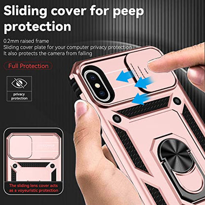 for iPhone XS Max Case with Camera Lens Cover HD Screen Protector, Dual Layer Military Grade Drop Protection Magnetic Ring Holder Kickstand Protective Phone Case for iPhone XS Max 6.5 inch (Rose Gold) - color: Rose Gold with camera cover Military-Grade 2n