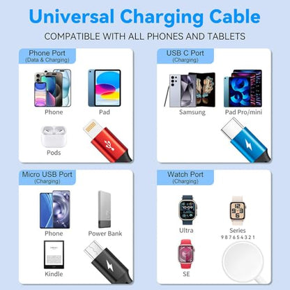 2Pack Multi Charging Cable Braided USB C/Lightning/Micro Port for Apple Watch Charger USBC Magnetic Wireless Charger iWatch Series 11-1/iPhone 17 16 15 14/Galaxy Android/PS-4ft