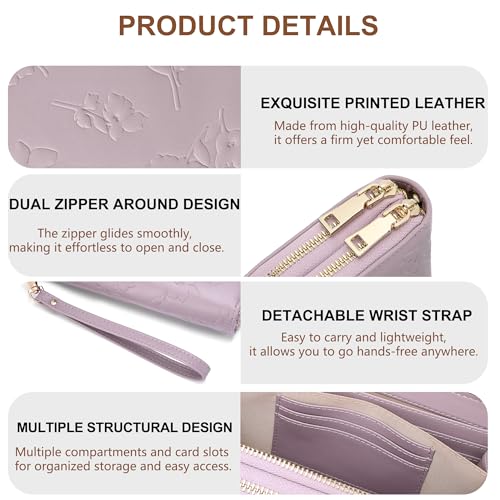 yiijay Womens Wallet RFID Blocking Large Capacity Vegan Leather Double Zip Wristlet Wallet Card Holder Travel Ladies Clutch - color: Light Purple
