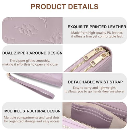 yiijay Womens Wallet RFID Blocking Large Capacity Vegan Leather Double Zip Wristlet Wallet Card Holder Travel Ladies Clutch - color: Light Purple
