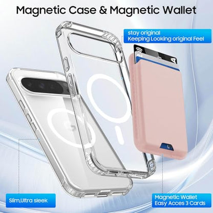 Magnetic for Google Pixel 10 Pro XL Wallet Case with Card Holder﻿ | Compatible with MagSafe, Shockproof Phone Cover with Detachable RFID Blocking Card Slot, Clear & Pink - color: Clear with Pink, size: Pixel 10 Pro XL