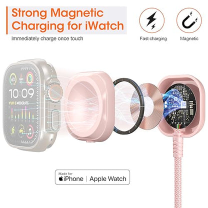 Apple Watch Charger 6FT Multi Charging Cable Travel Essential Nylon Braided - color: Rose/Pink