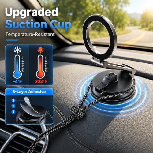 Magnetic Car Phone Mount for Dashboard Windshield - Heavy Duty MagSafe Compatible Holder with 20 N52 Magnets, Long Foldable Arm, 360° Rotation, Suction Cup Base for iPhone & Android