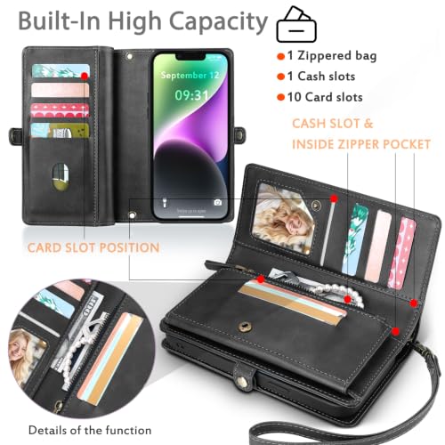for Wallet Case Compatible with iPhone 14,Multi-Function Detachable 2 in 1 Magnetic iPhone 14 Case Wallet,Flip Strap Zipper Card Holder Phone Case with Shoulder Straps(Darkgray) - color: DarkGray, size: iPhone 14