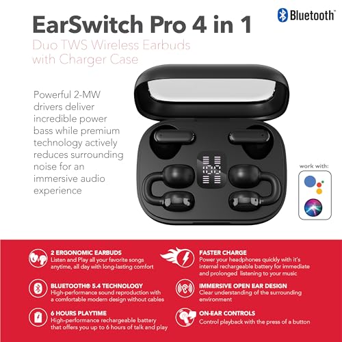 RCA EarSwitch Pro 4-in-1 Duo TWS Wireless Earbuds, Bluetooth 5.4 Open-Ear & in-Ear Dual Buds with LED Charging Case, Touch Control, Built-in Mic, 6H Playtime for Sport & Office (Black) - color: Black